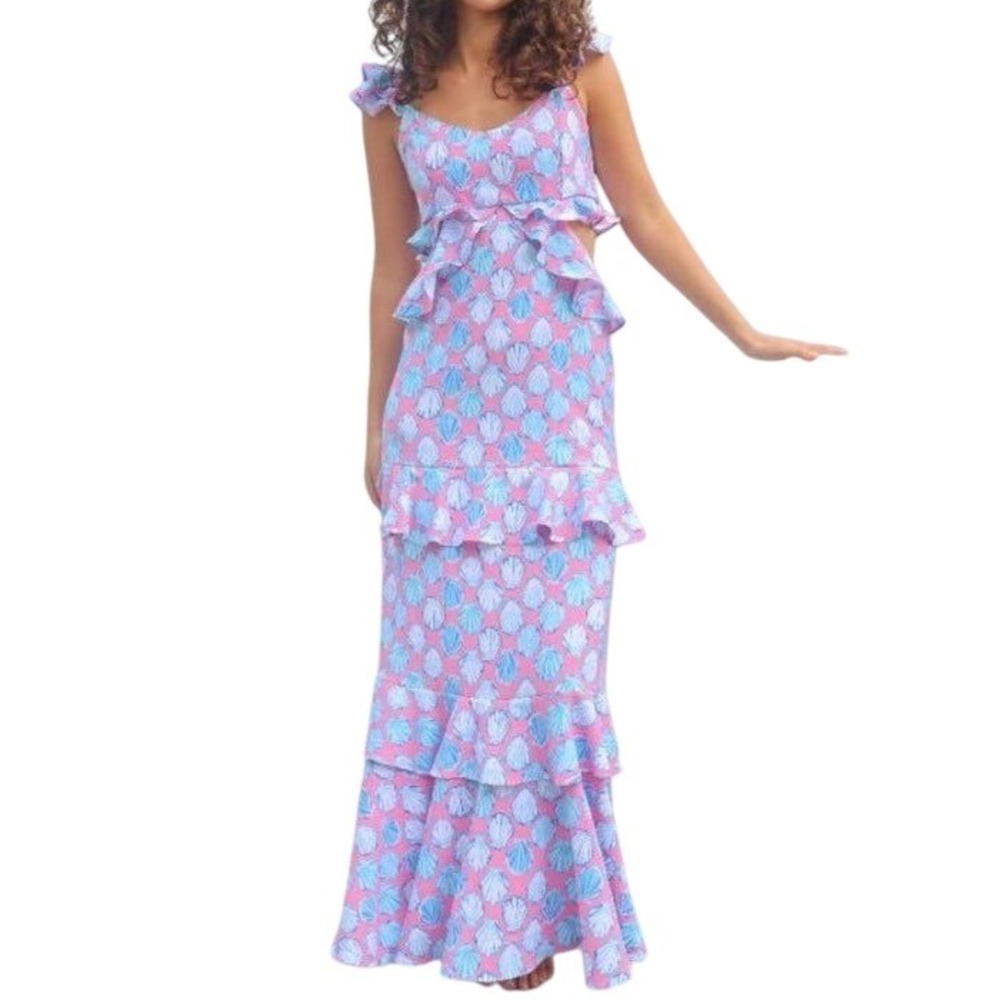 Simply Southern Maxi Dress Ruffle Sleeveless Pink Blue Seashells Size Large